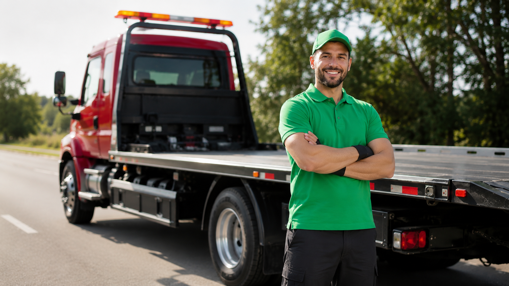 Smiling tow operator standing in front of a flatbed truck